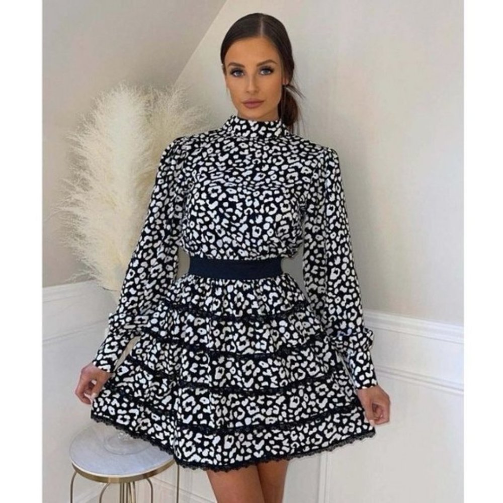 Black and White Long Sleeve High Neck Open Back Tiered Mini Dress - Picture 4 of 9